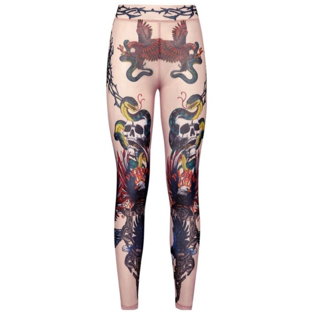 Philipp Plein Couture Tattoo Skull Printed Punk Rock Sheer Illusion Leggings XS